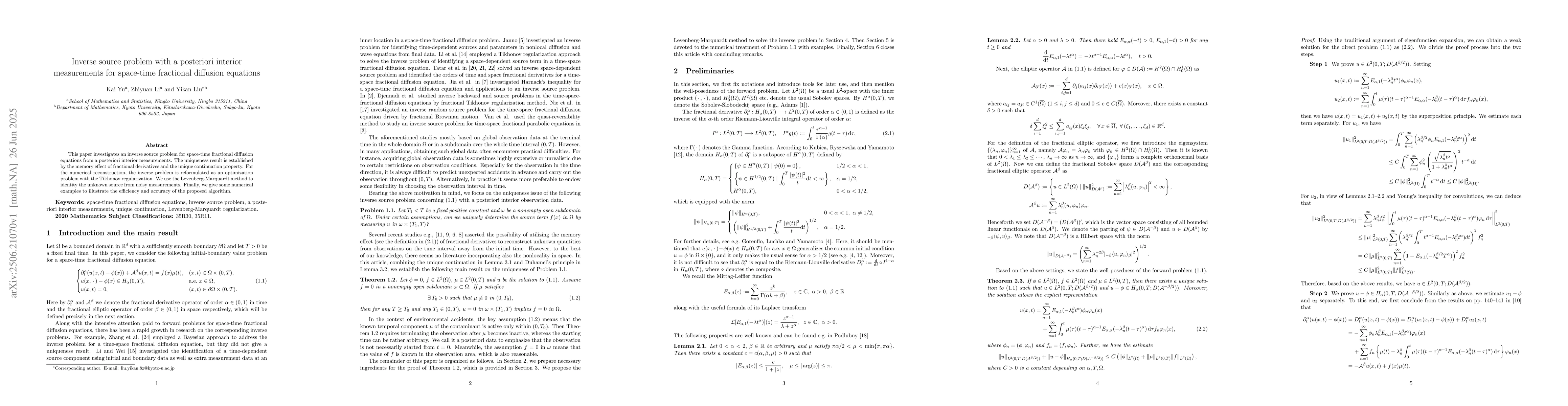 Thumbnail for Inverse source problem with a posteriori interior measurements for
  space-time fractional diffusion equations
