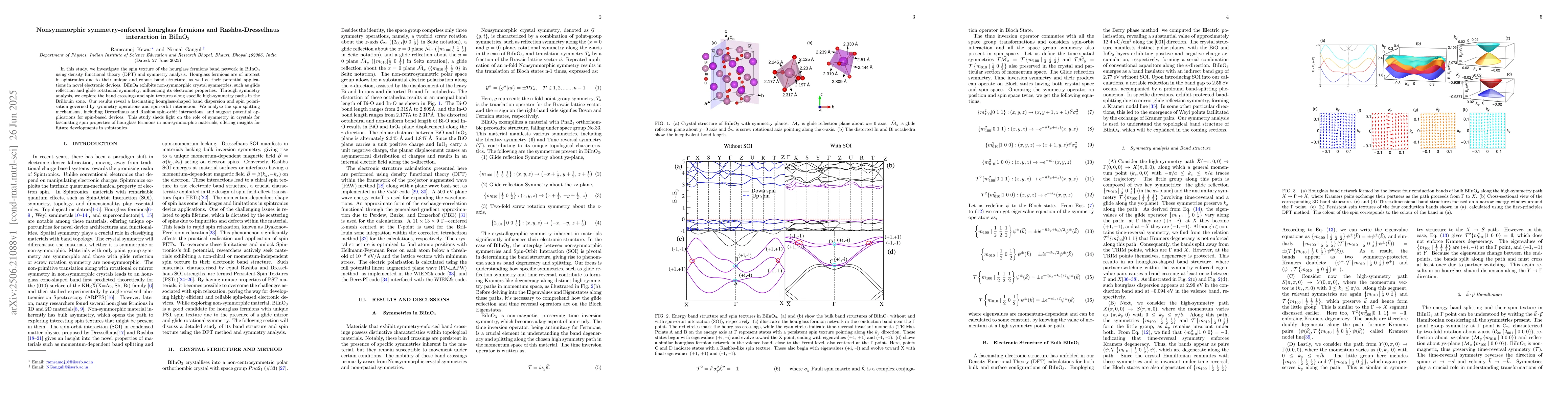Thumbnail for Nonsymmorphic symmetry-enforced hourglass fermions and
  Rashba-Dresselhaus interaction in BiInO$_3$