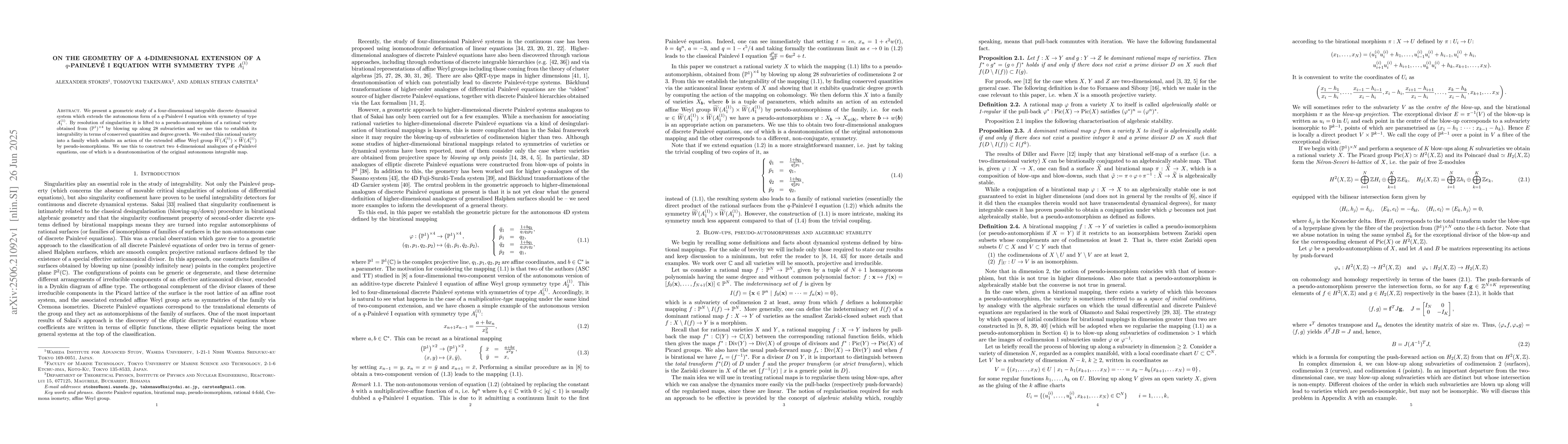 Thumbnail for On the geometry of a 4-dimensional extension of a $q$-Painlevé I
  equation with symmetry type $A_1^{(1)}$