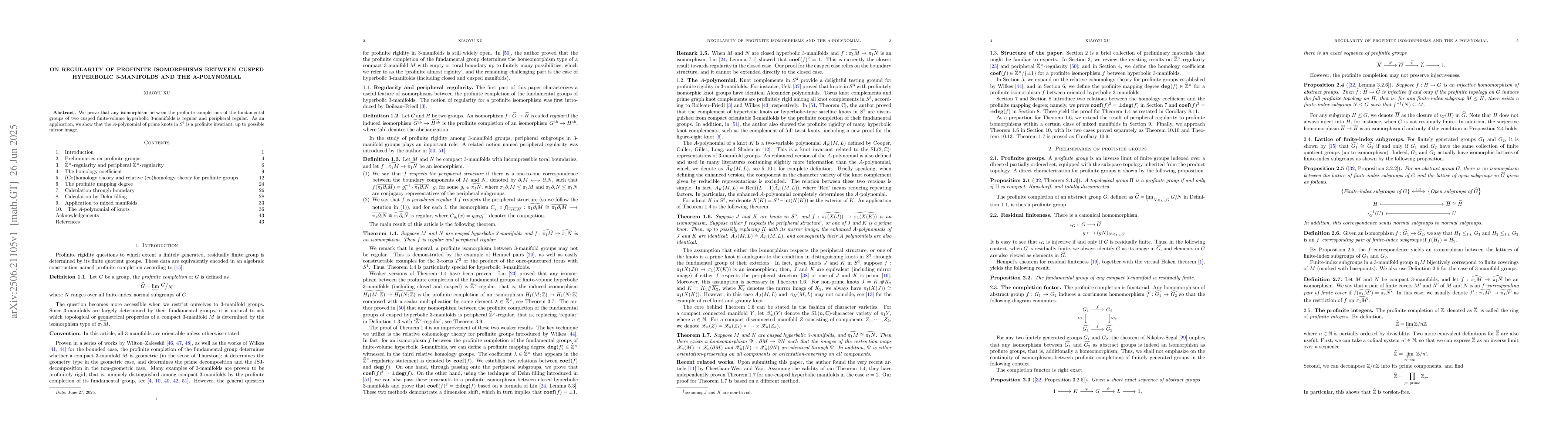 Thumbnail for On regularity of profinite isomorphisms between cusped hyperbolic
  3-manifolds and the $A$-polynomial