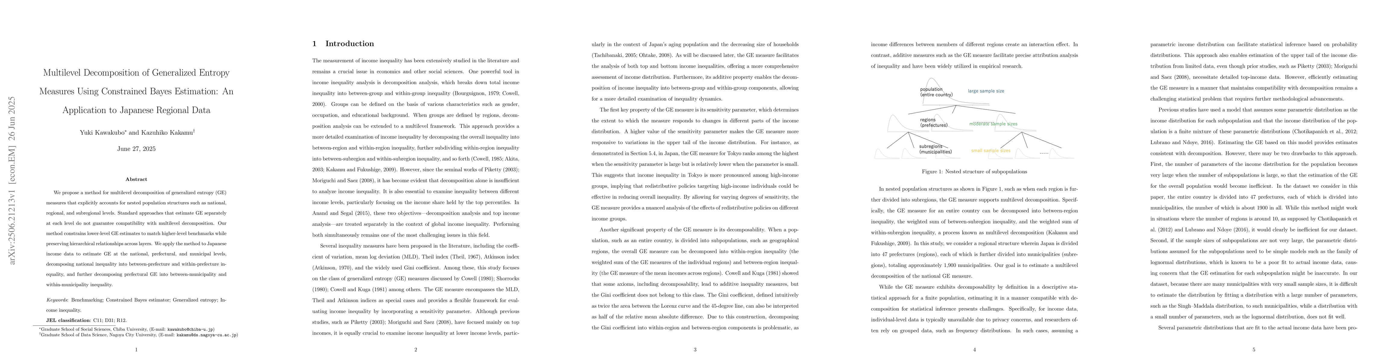 Thumbnail for Multilevel Decomposition of Generalized Entropy Measures Using
  Constrained Bayes Estimation: An Application to Japanese Regional Data