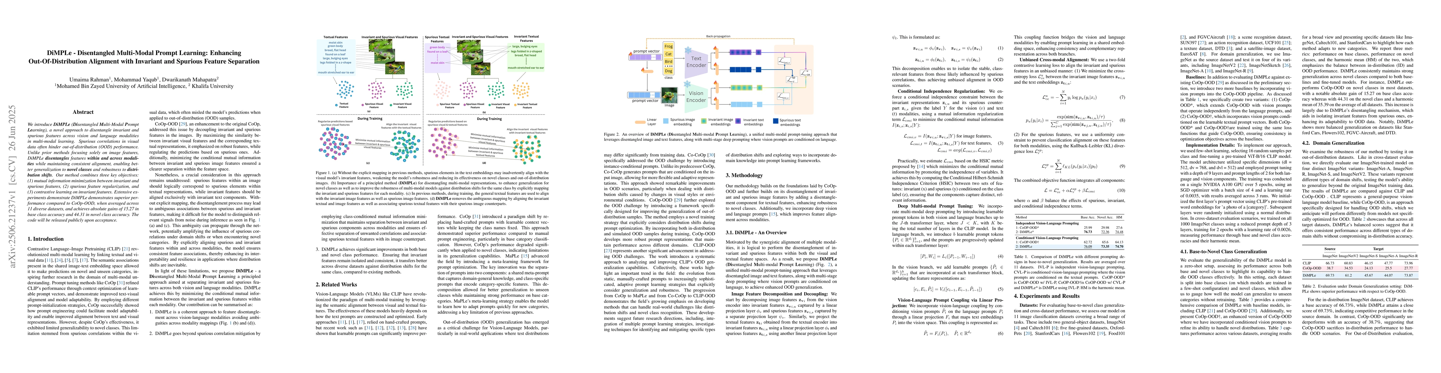 Thumbnail for DiMPLe -- Disentangled Multi-Modal Prompt Learning: Enhancing
  Out-Of-Distribution Alignment with Invariant and Spurious Feature Separation