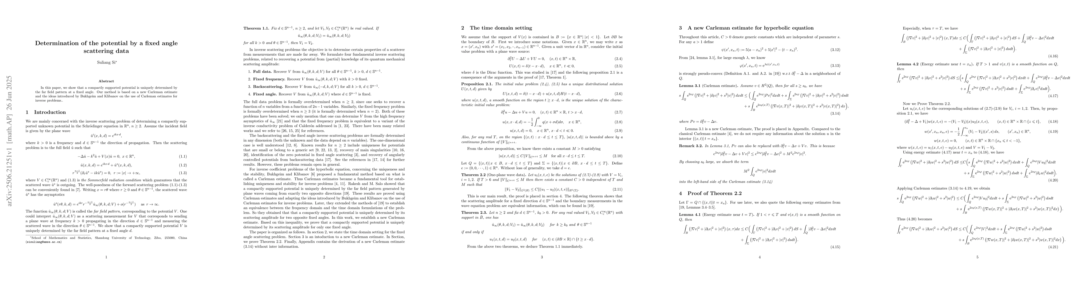 Thumbnail for Determination of the potential by a fixed angle scattering data