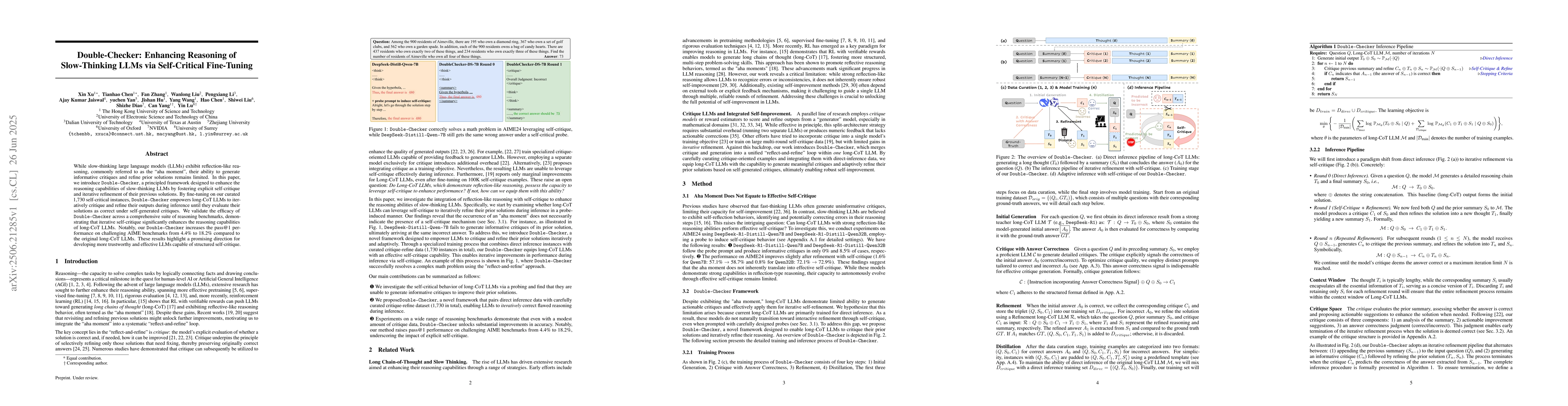 Thumbnail for Double-Checker: Enhancing Reasoning of Slow-Thinking LLMs via
  Self-Critical Fine-Tuning