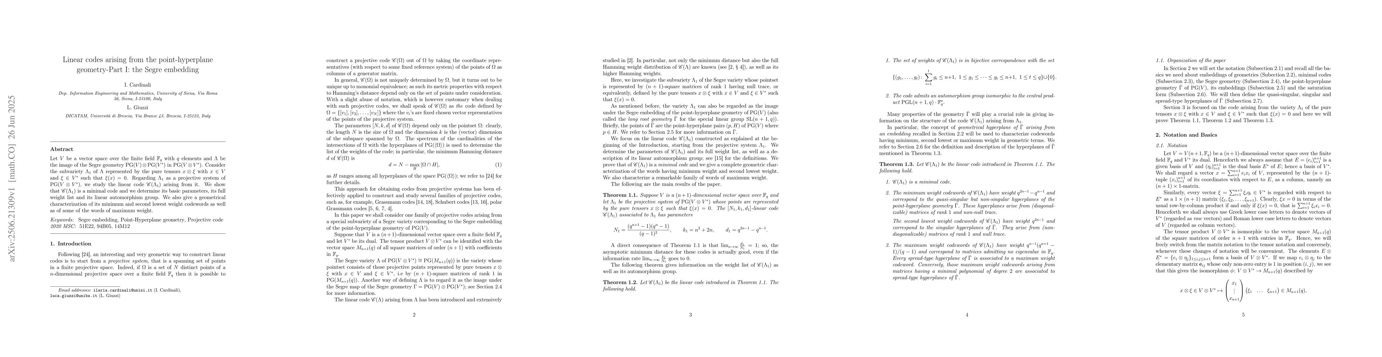 Thumbnail for Linear codes arising from the point-hyperplane geometry-Part I: the
  Segre embedding