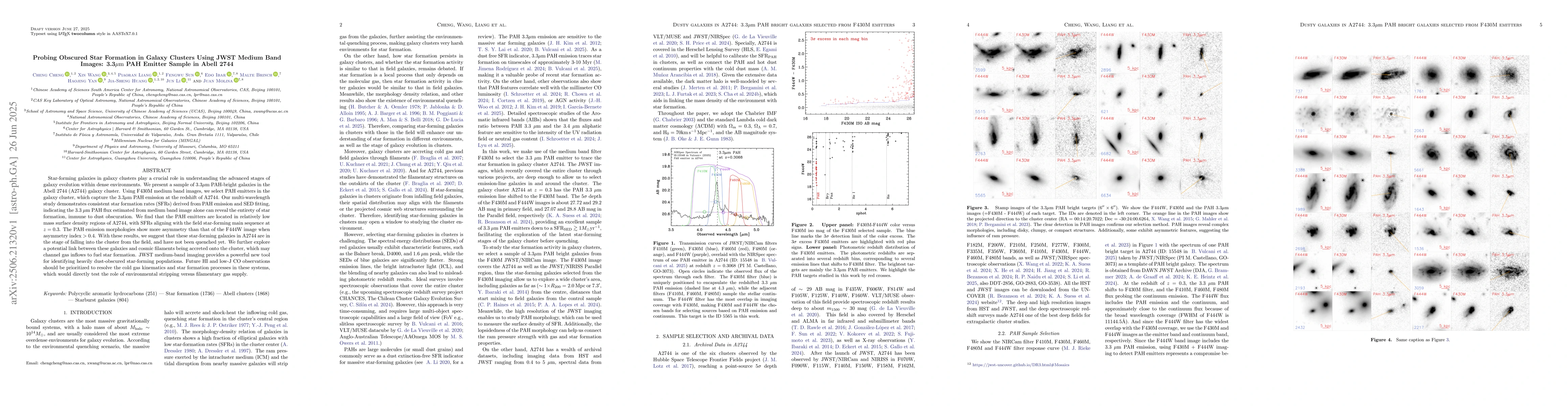 Thumbnail for Probing Obscured Star Formation in Galaxy Clusters Using JWST Medium
  Band Images: 3.3$μ\rm m$ PAH Emitter Sample in Abell 2744
