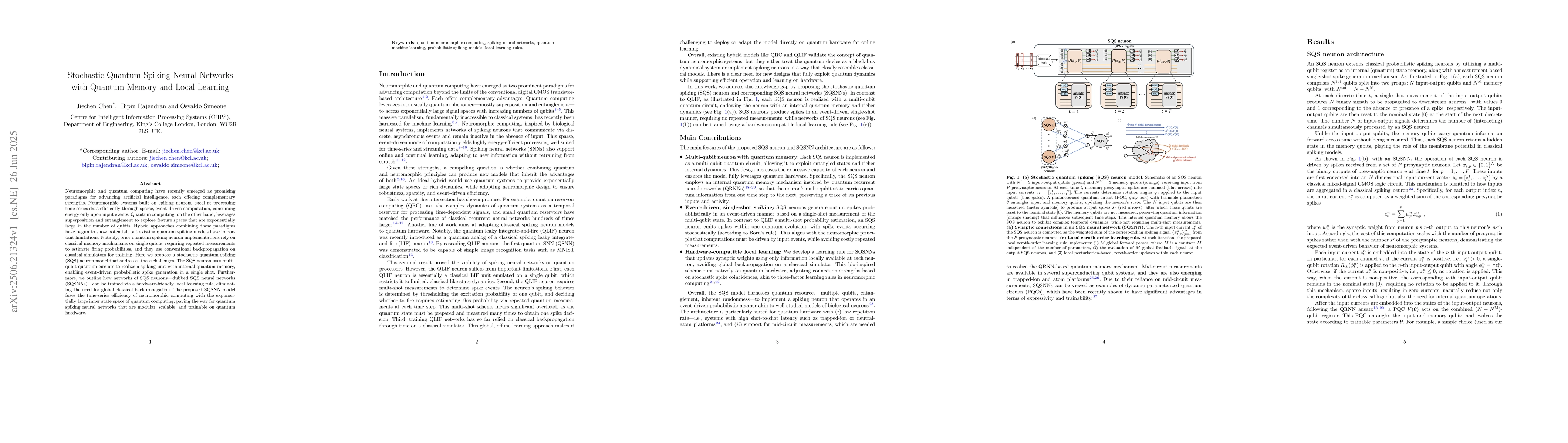 Thumbnail for Stochastic Quantum Spiking Neural Networks with Quantum Memory and Local
  Learning