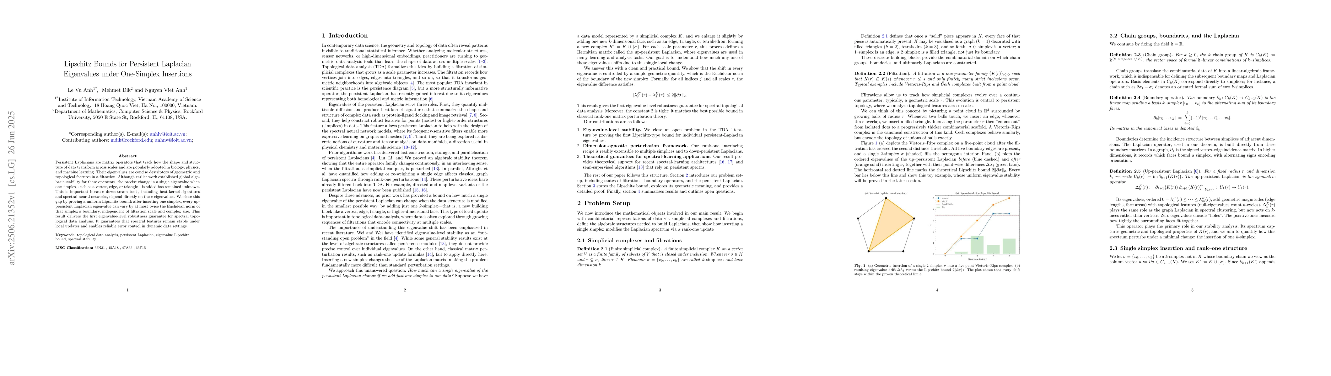 Thumbnail for Lipschitz Bounds for Persistent Laplacian Eigenvalues under One-Simplex
  Insertions