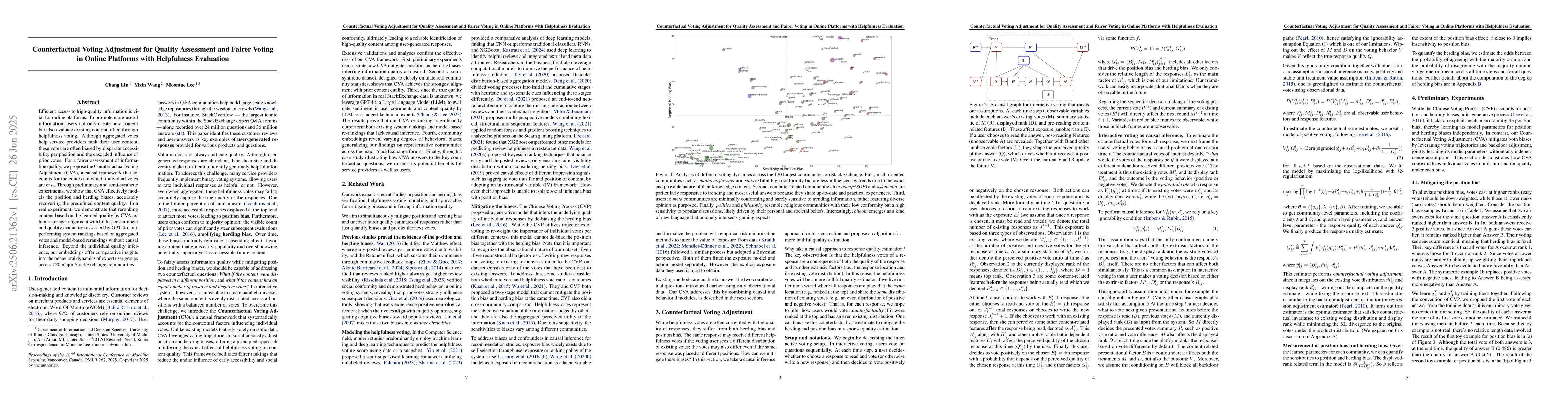 Thumbnail for Counterfactual Voting Adjustment for Quality Assessment and Fairer
  Voting in Online Platforms with Helpfulness Evaluation