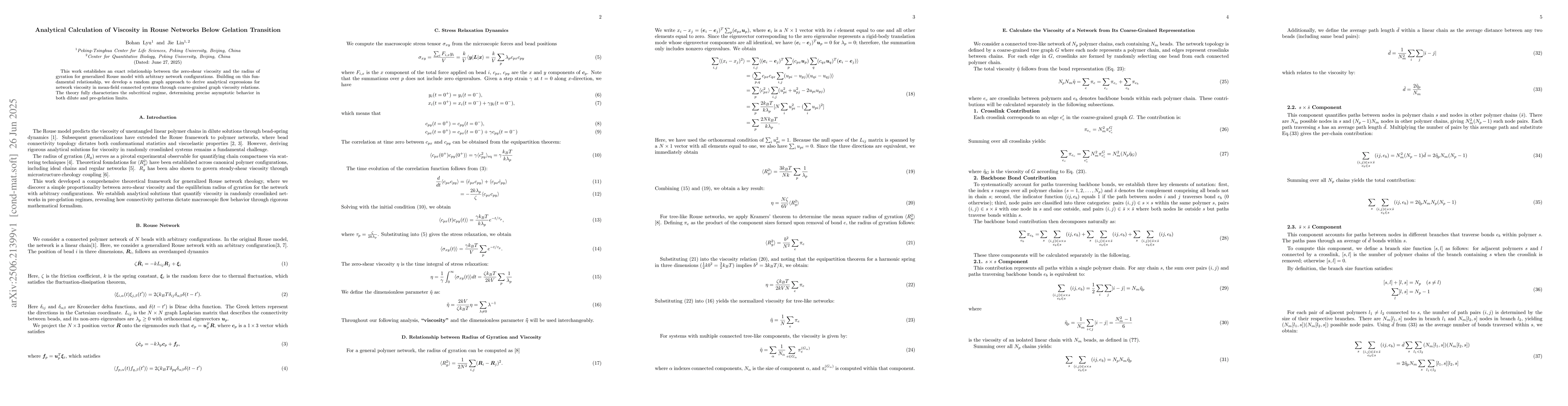 Thumbnail for Analytical Calculation of Viscosity in Rouse Networks Below Gelation
  Transition