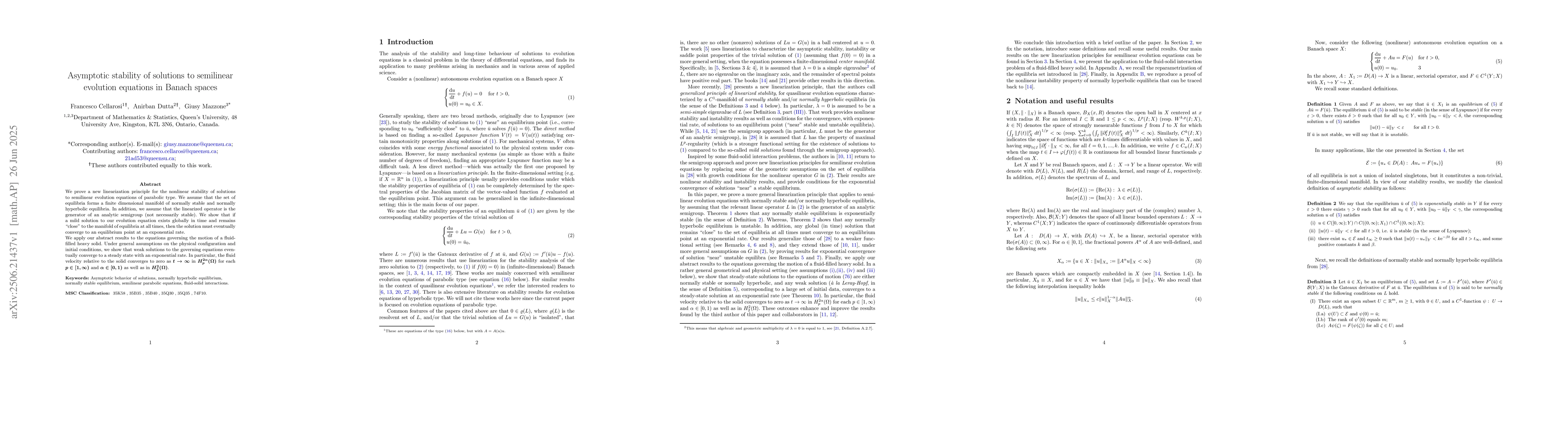 Thumbnail for Asymptotic stability of solutions to semilinear evolution equations in
  Banach spaces