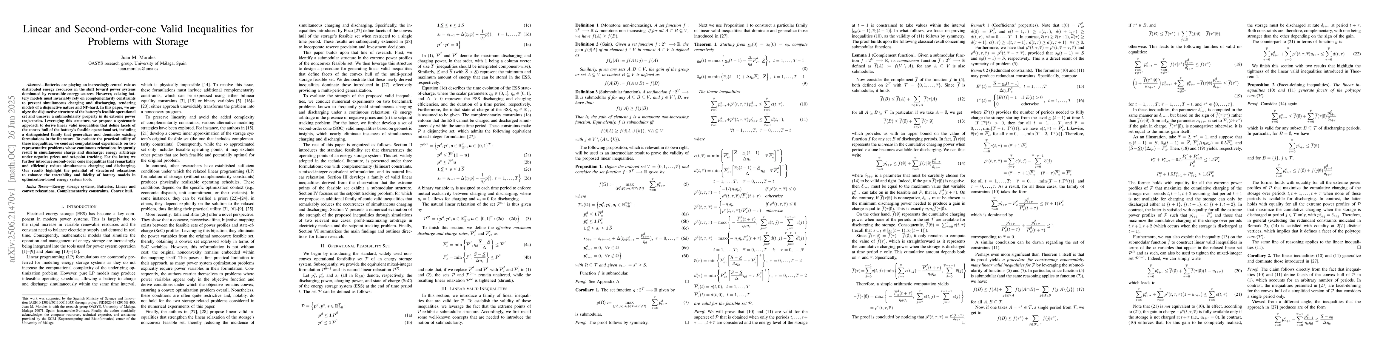 Thumbnail for Linear and Second-order-cone Valid Inequalities for Problems with
  Storage
