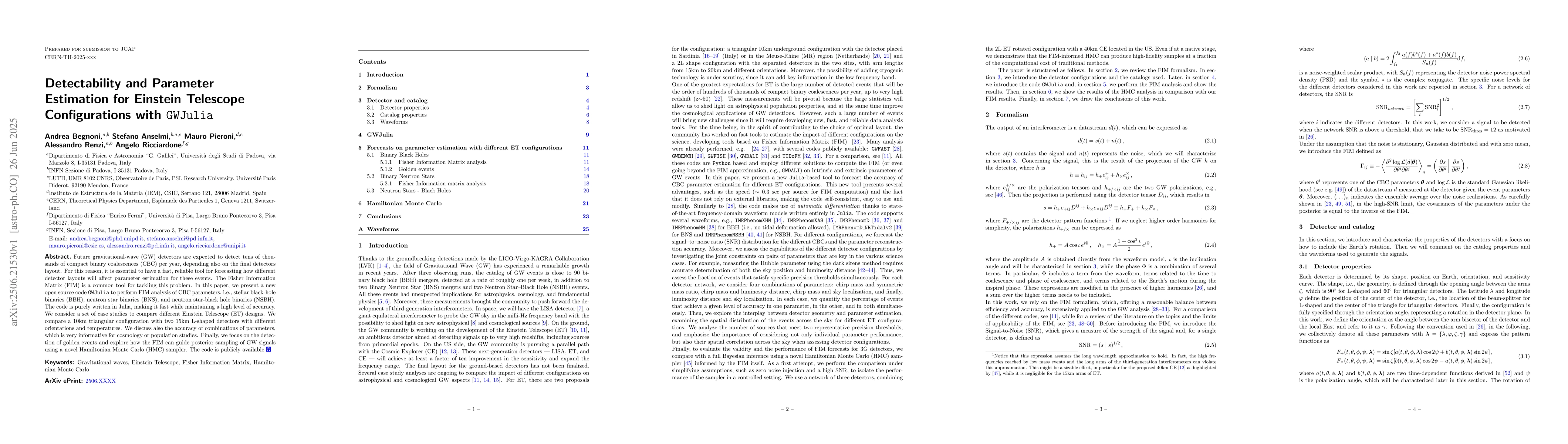 Thumbnail for Detectability and Parameter Estimation for Einstein Telescope
  Configurations with GWJulia