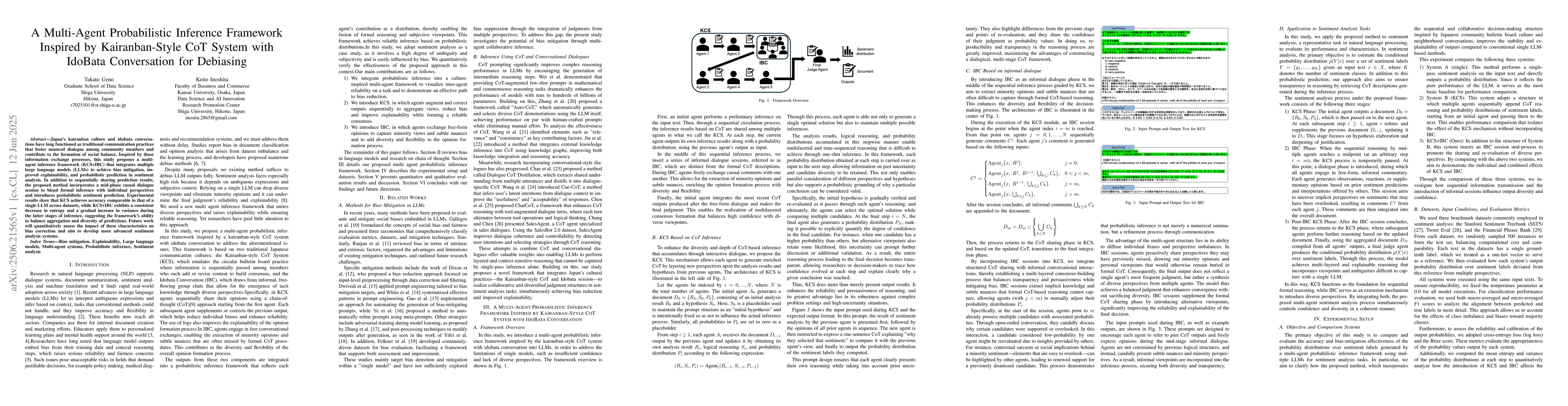 Thumbnail for A Multi-Agent Probabilistic Inference Framework Inspired by
  Kairanban-Style CoT System with IdoBata Conversation for Debiasing