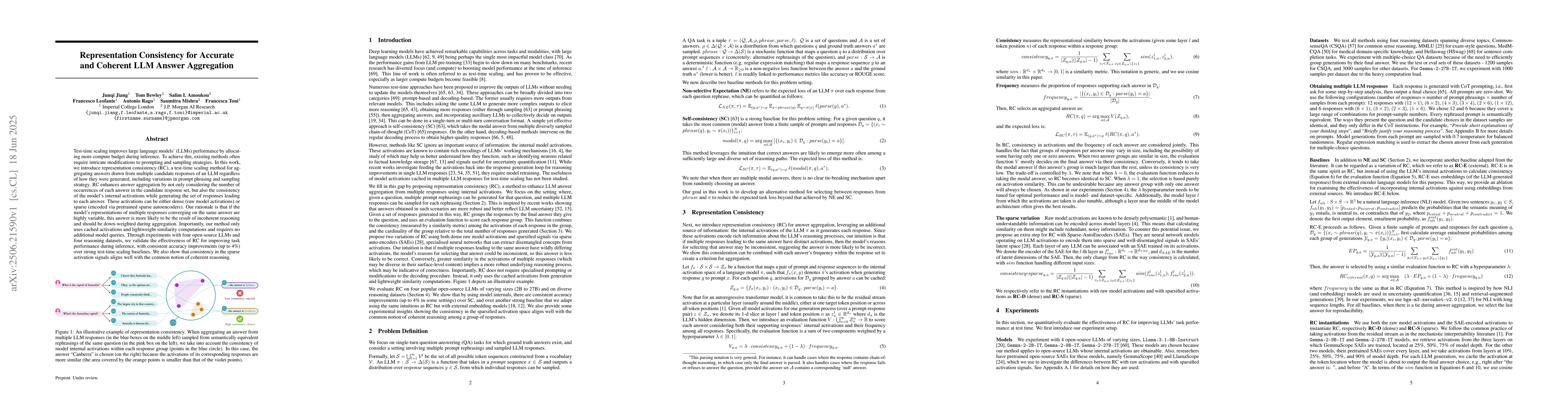Thumbnail for Representation Consistency for Accurate and Coherent LLM Answer
  Aggregation