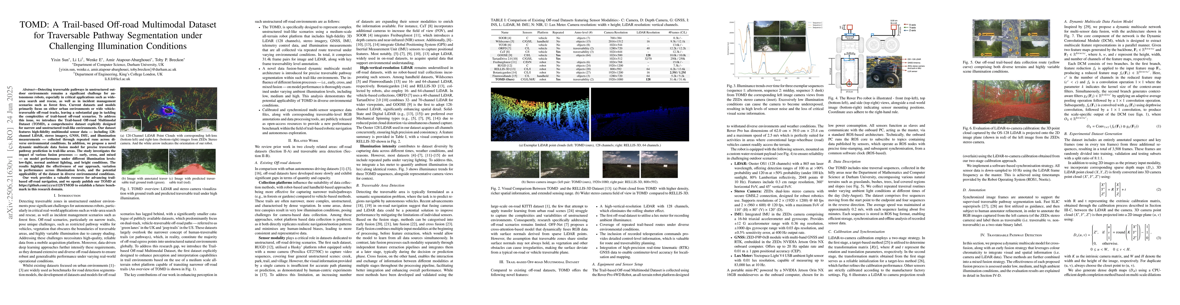 Thumbnail for TOMD: A Trail-based Off-road Multimodal Dataset for Traversable Pathway
  Segmentation under Challenging Illumination Conditions