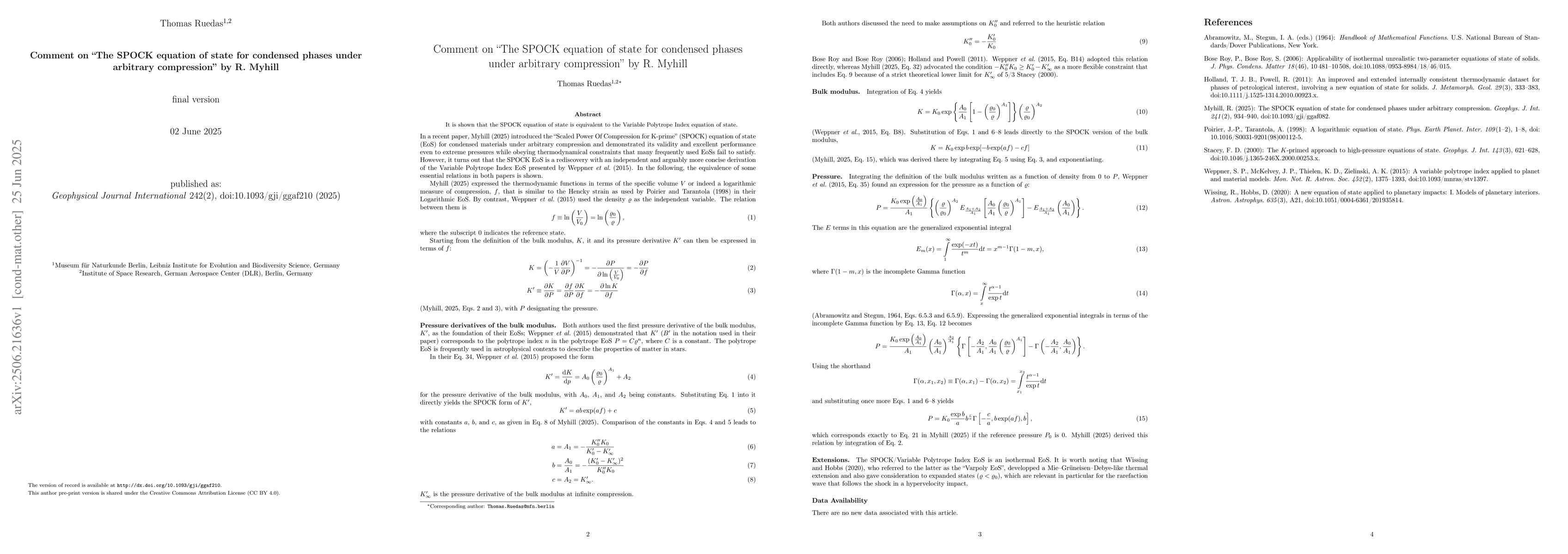 Thumbnail for Comment on "The SPOCK equation of state for condensed phases under
  arbitrary compression" by R. Myhill