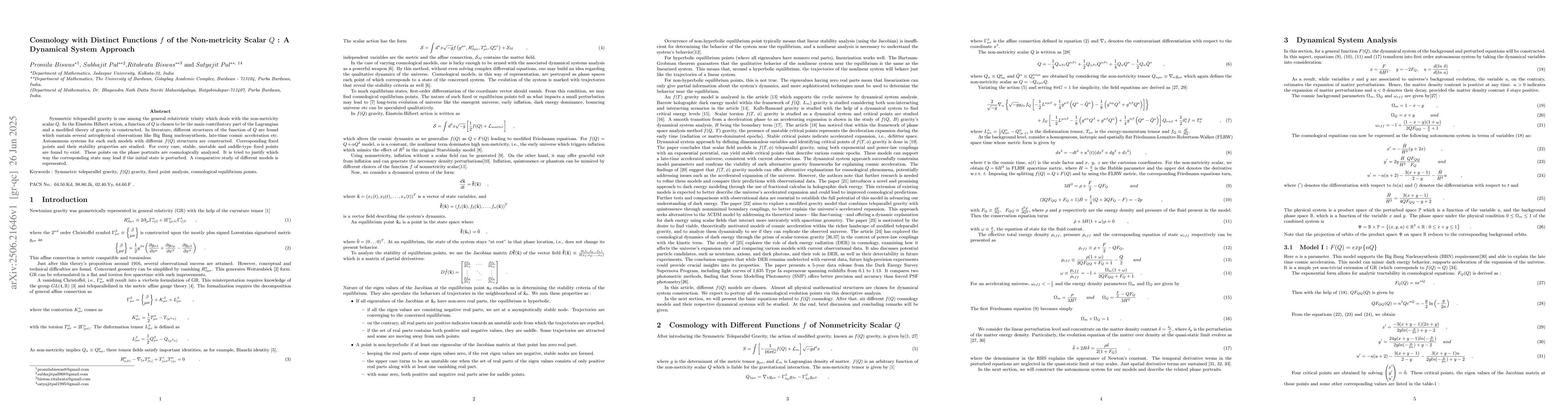 Thumbnail for Cosmology with Distinct Functions $f$ of the Non-metricity Scalar $Q$ :
  A Dynamical System Approach