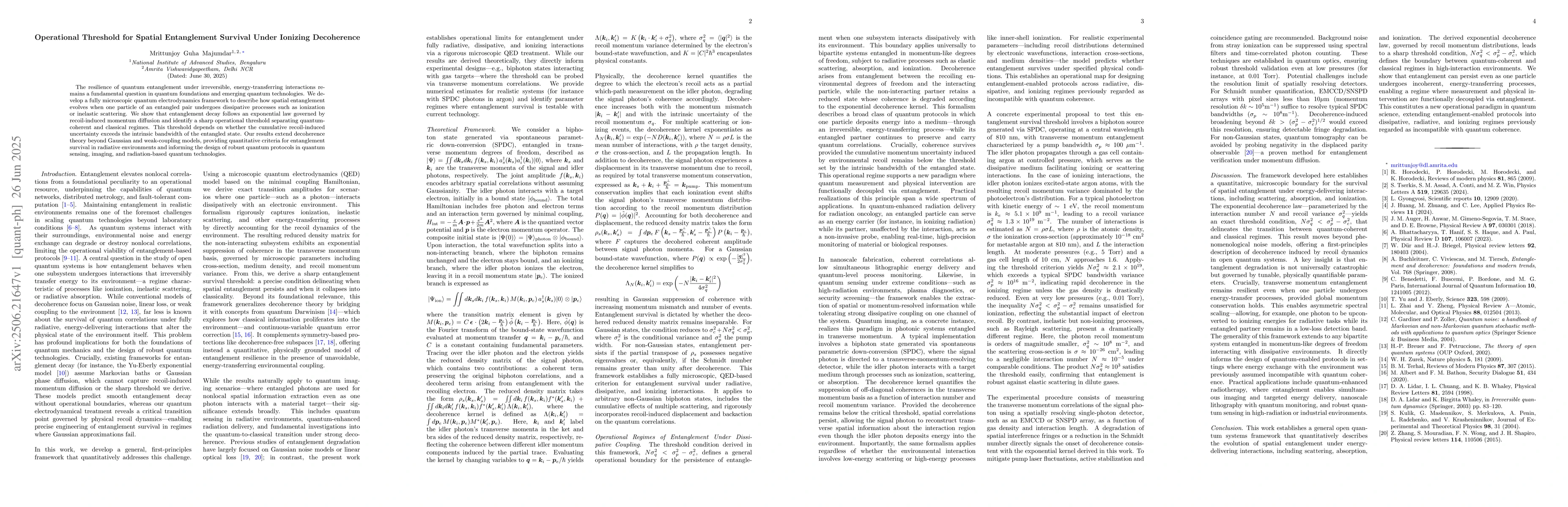 Thumbnail for Operational Threshold for Spatial Entanglement Survival Under Ionizing
  Decoherence