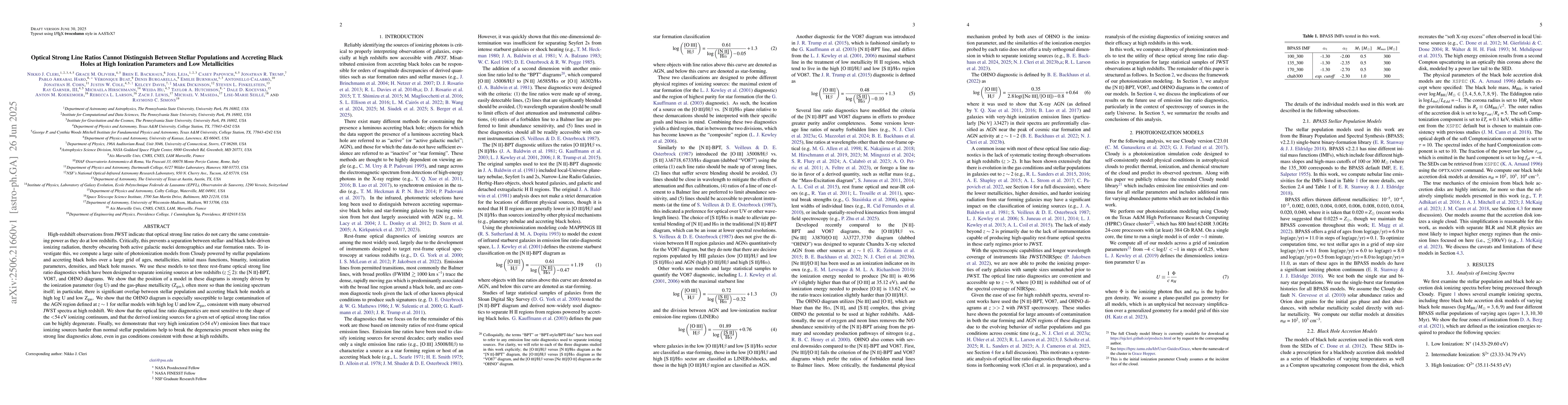 Thumbnail for Optical Strong Line Ratios Cannot Distinguish Between Stellar
  Populations and Accreting Black Holes at High Ionization Parameters and Low
  Metallicities