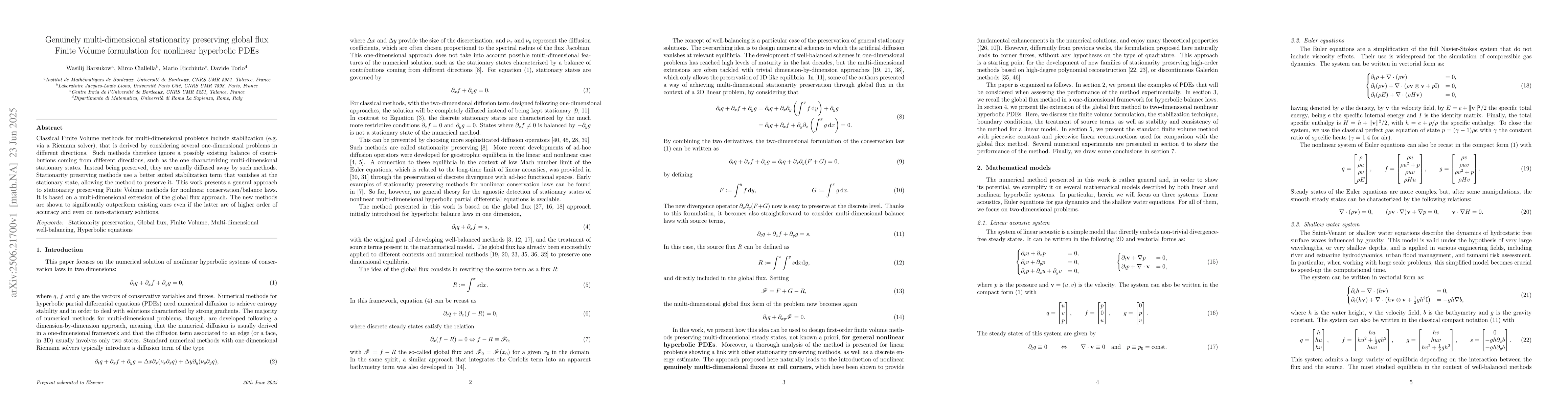 Thumbnail for Genuinely multi-dimensional stationarity preserving global flux Finite
  Volume formulation for nonlinear hyperbolic PDEs