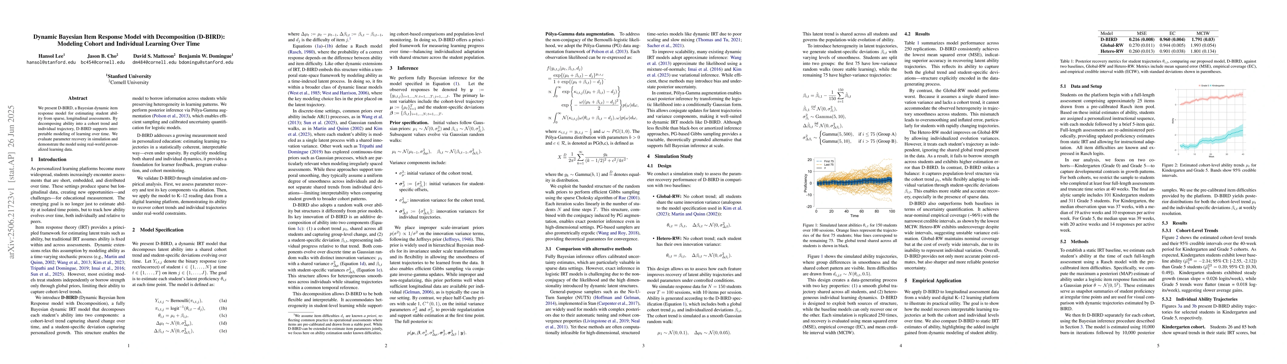 Thumbnail for Dynamic Bayesian Item Response Model with Decomposition (D-BIRD):
  Modeling Cohort and Individual Learning Over Time