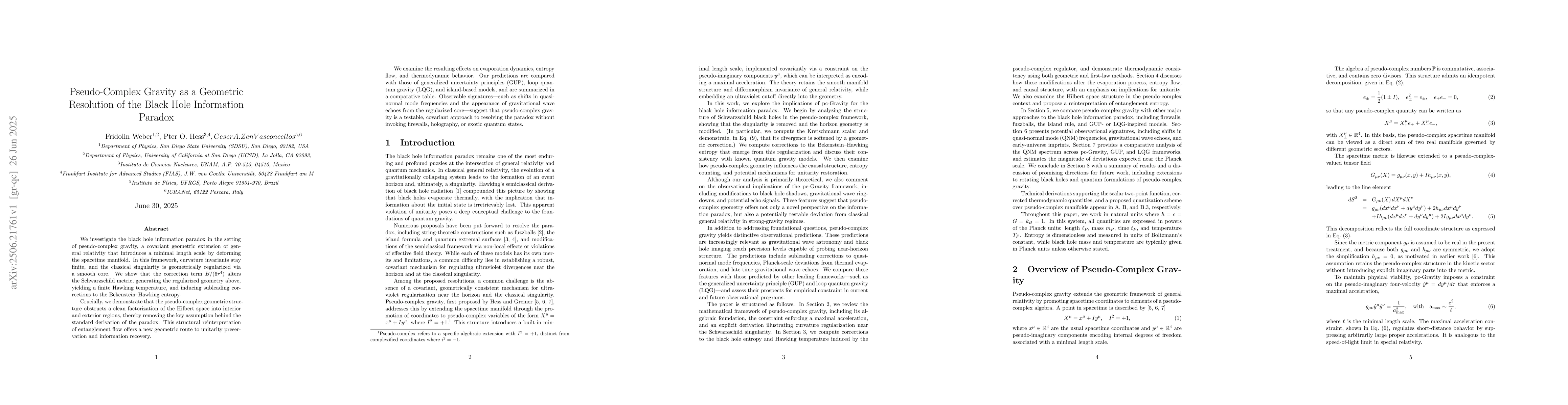 Thumbnail for Pseudo-Complex Gravity as a Geometric Resolution of the Black Hole
  Information Paradox
