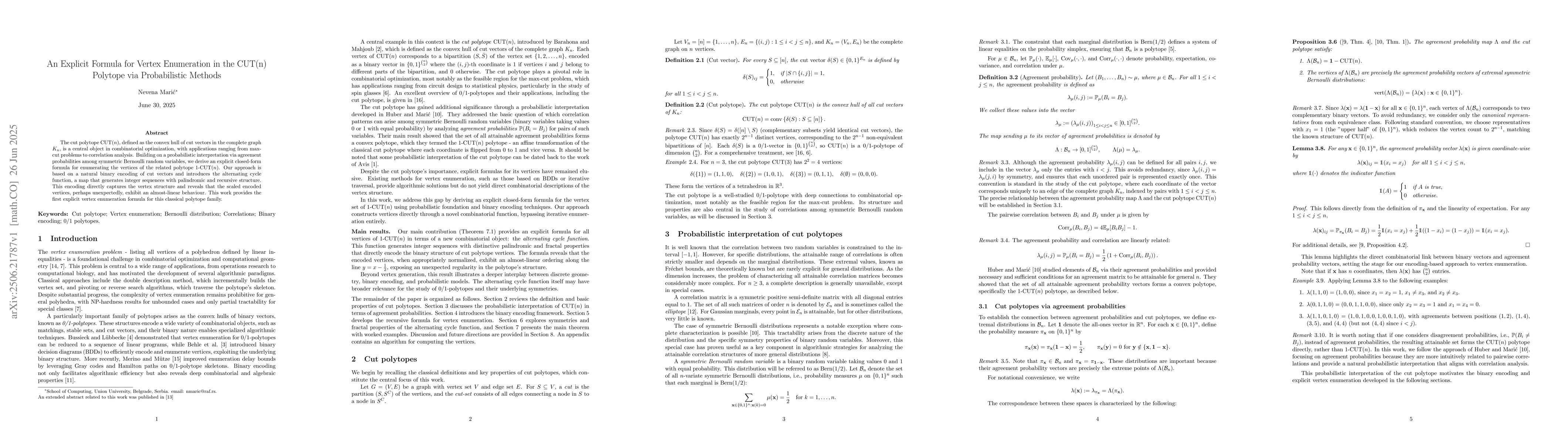 Thumbnail for An Explicit Formula for Vertex Enumeration in the CUT(n) Polytope via
  Probabilistic Methods