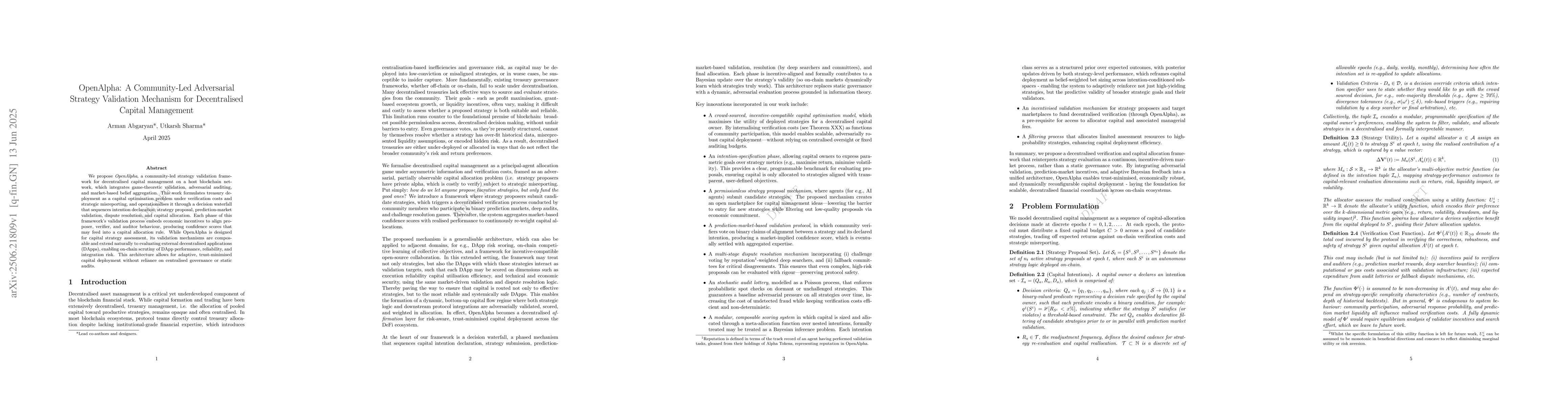 Thumbnail for OpenAlpha: A Community-Led Adversarial Strategy Validation Mechanism for
  Decentralised Capital Management