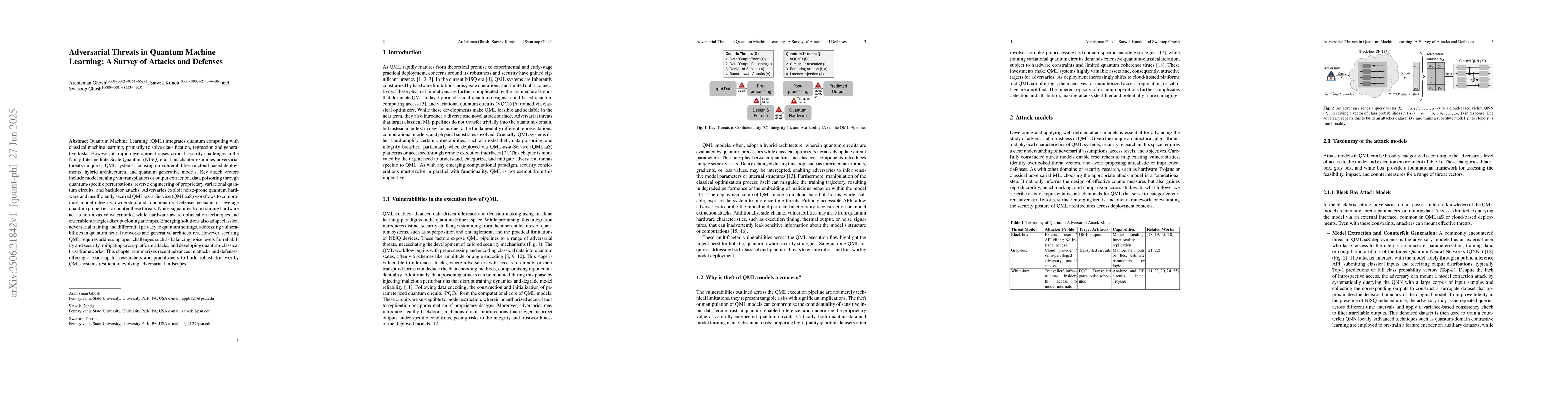 Thumbnail for Adversarial Threats in Quantum Machine Learning: A Survey of Attacks and
  Defenses