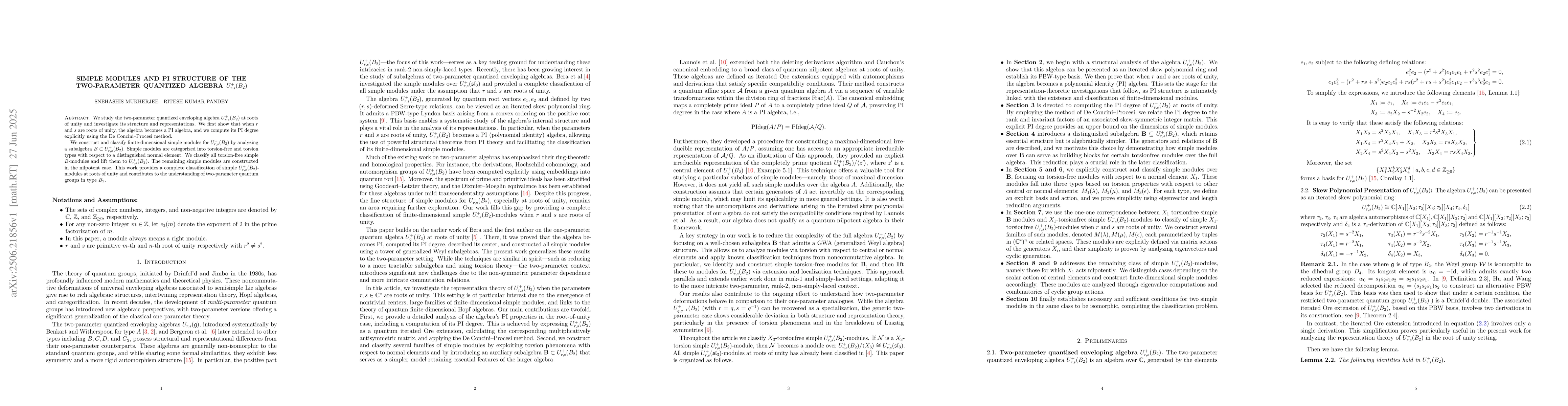 Thumbnail for Simple Modules and PI Structure of the Two-Parameter Quantized Algebra
  $U^+_{r,s}(B_2)$