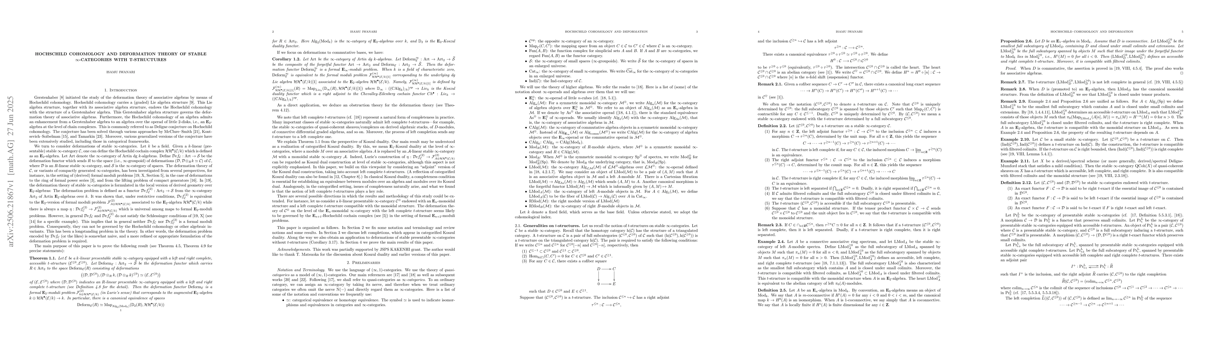 Thumbnail for Hochschild cohomology and deformation theory of stable
  infinity-categories with t-structures