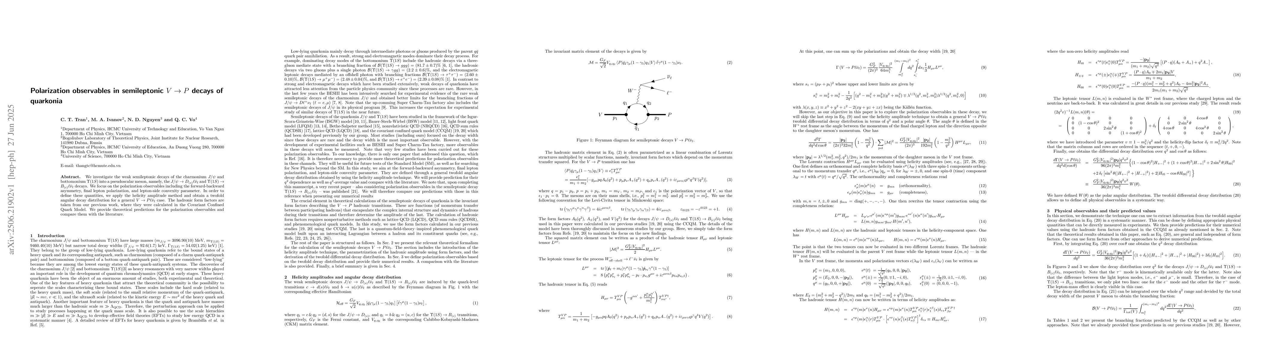 Thumbnail for Polarization observables in semileptonic $V\to P$ decays of quarkonia