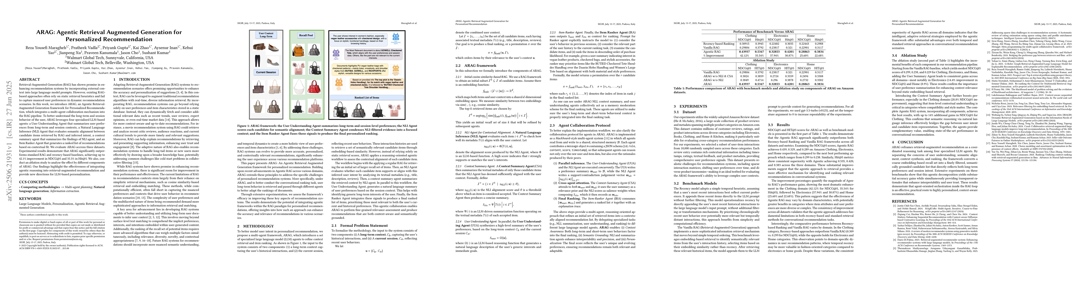 Thumbnail for ARAG: Agentic Retrieval Augmented Generation for Personalized
  Recommendation