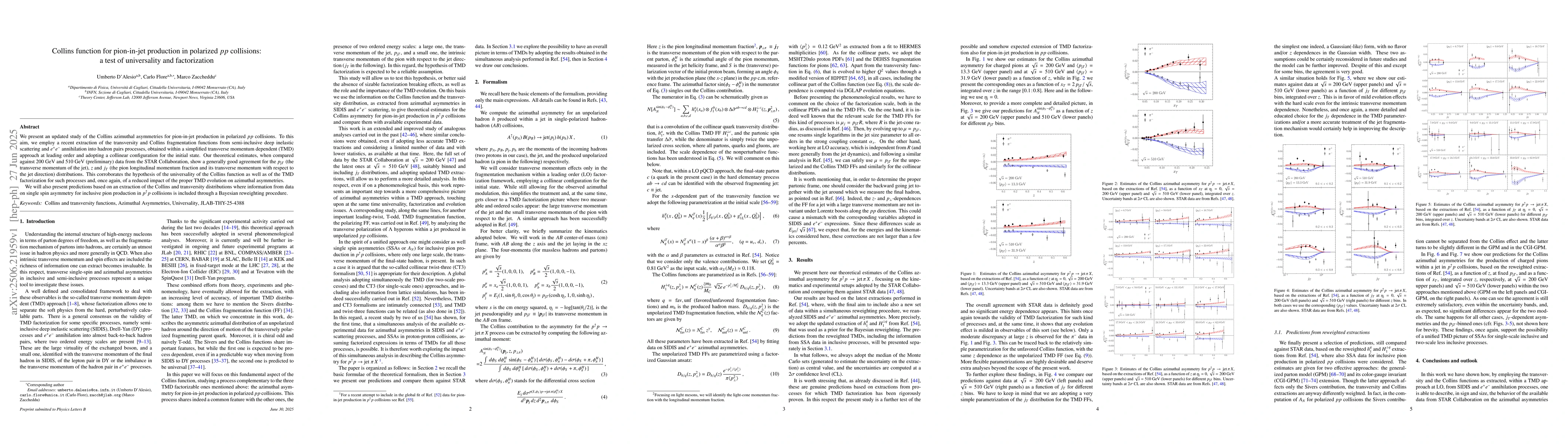 Thumbnail for Collins function for pion-in-jet production in polarized $pp$
  collisions: a test of universality and factorization