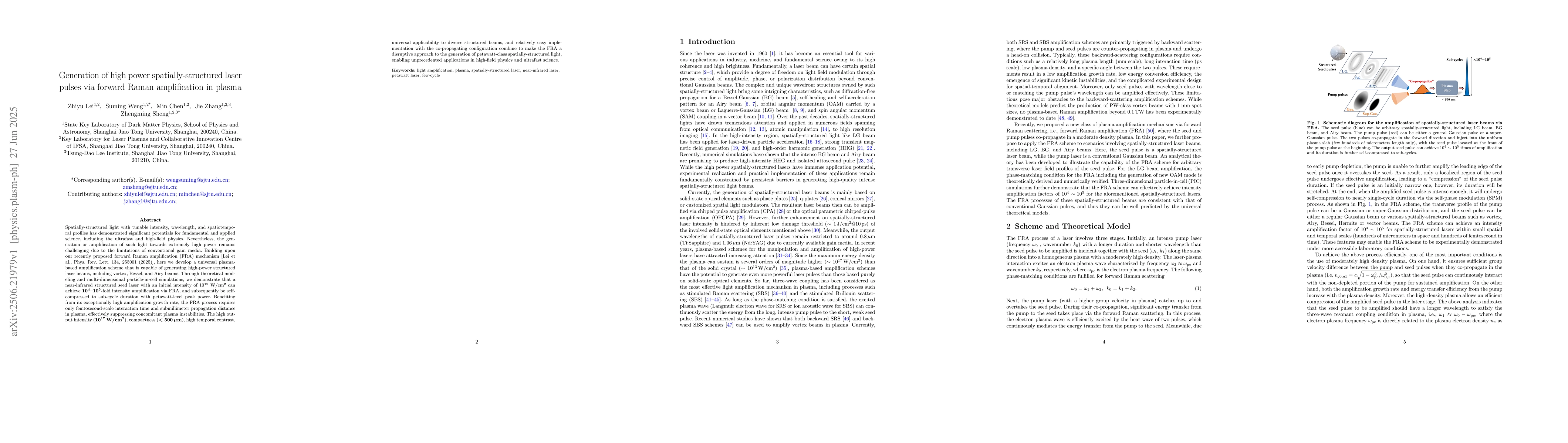 Thumbnail for Generation of high power spatially-structured laser pulses via forward
  Raman amplification in plasma