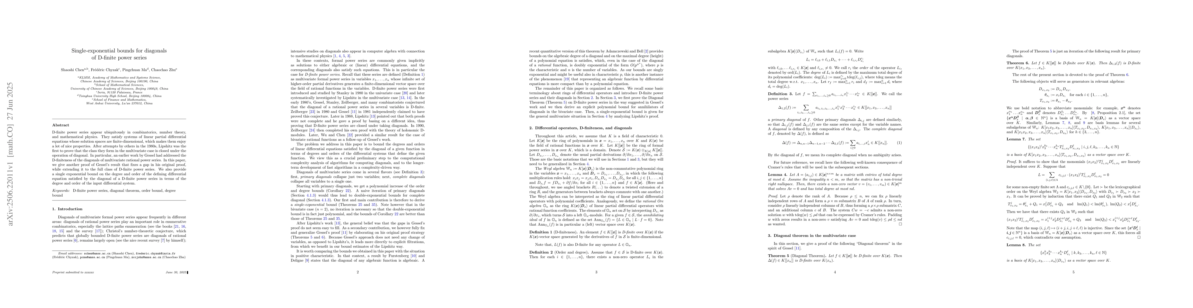 Thumbnail for Single-exponential bounds for diagonals of D-finite power series