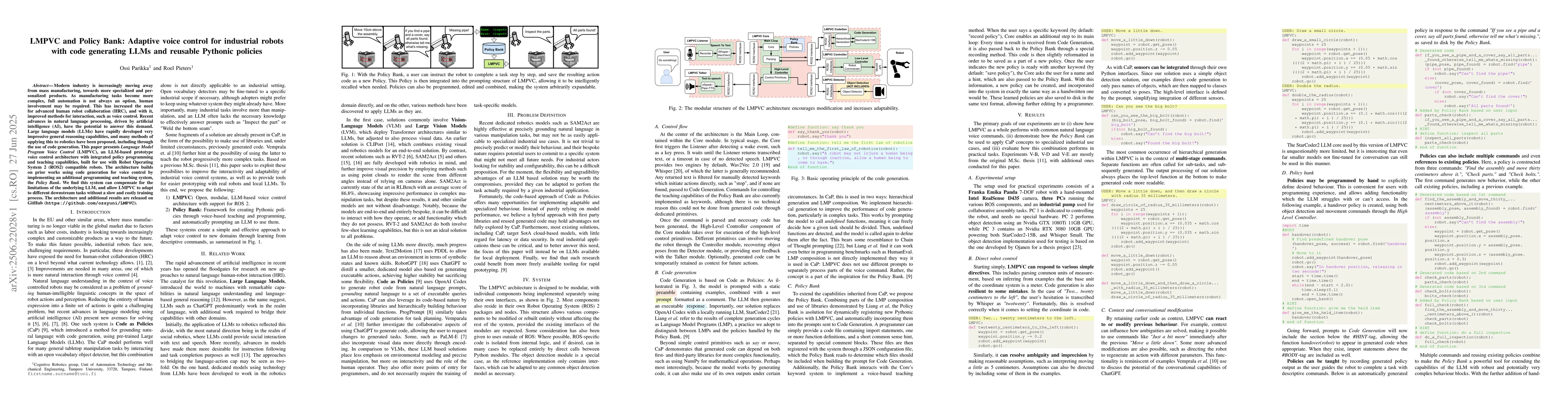 Thumbnail for LMPVC and Policy Bank: Adaptive voice control for industrial robots with
  code generating LLMs and reusable Pythonic policies