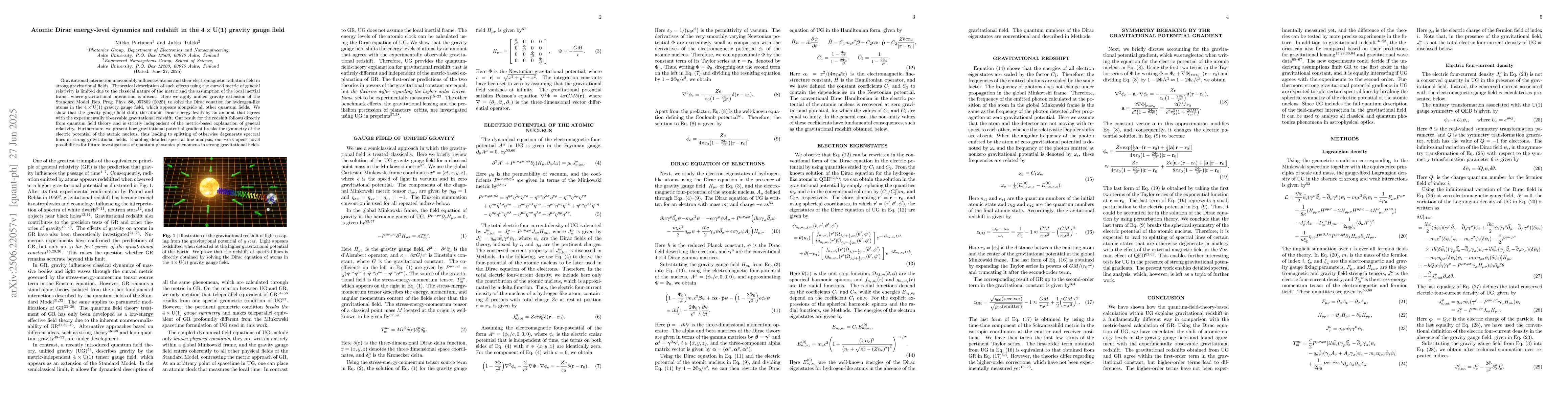 Thumbnail for Atomic Dirac energy-level dynamics and redshift in the 4xU(1) gravity
  gauge field