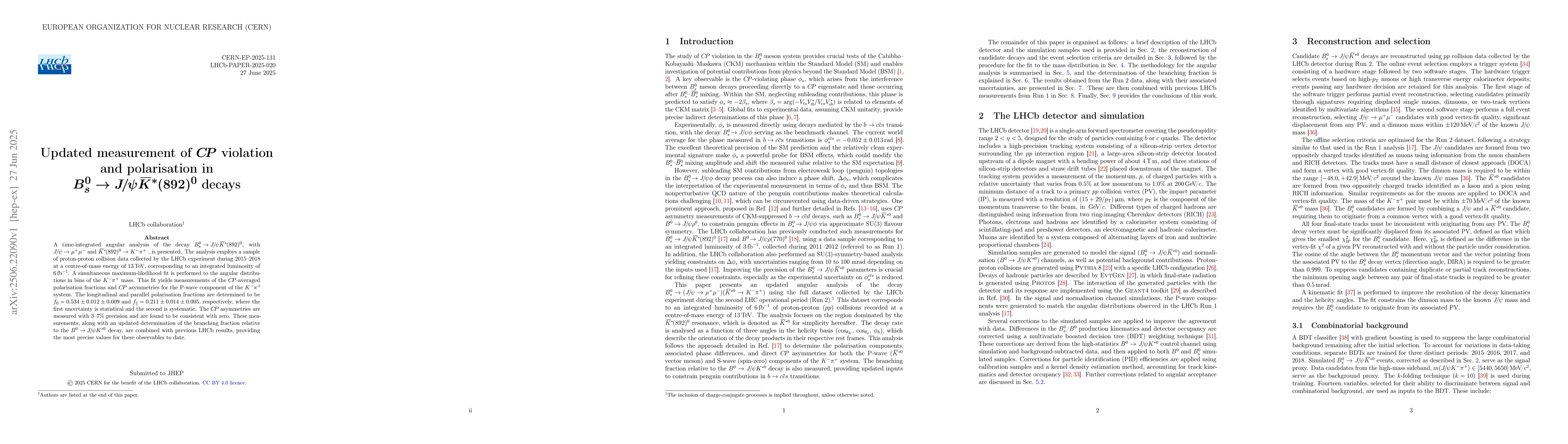 Thumbnail for Updated measurement of $CP$ violation and polarisation in $B^0_s
  \rightarrow J/ψ\overline{K}{}^{*}\kern-1pt(892)^{0}$ decays