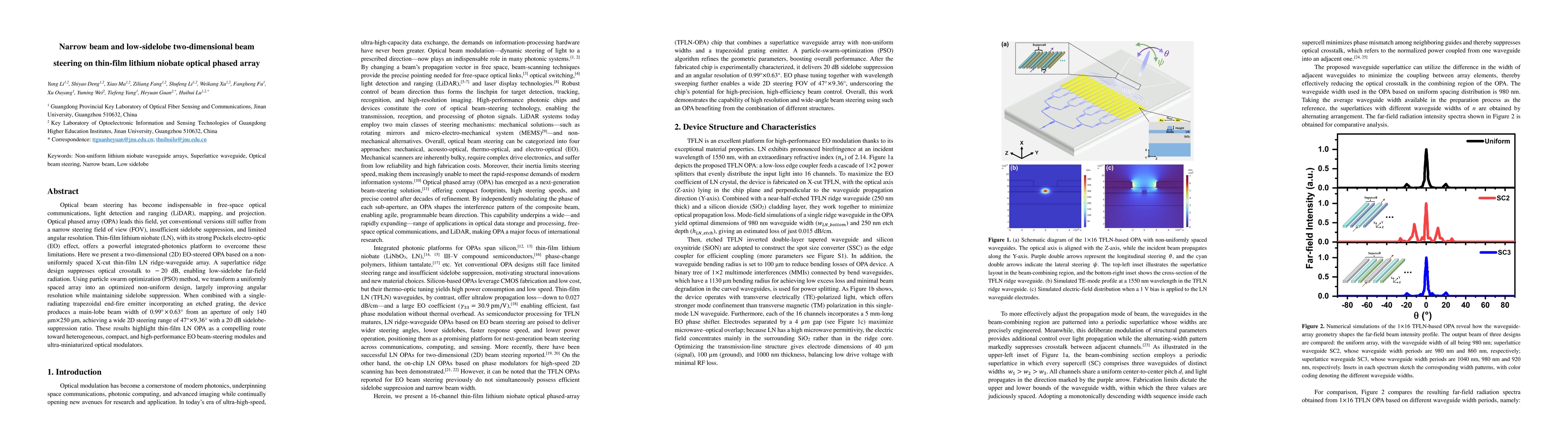 Thumbnail for Narrow beam and low-sidelobe two-dimensional beam steering on thin-film
  lithium niobate optical phased array