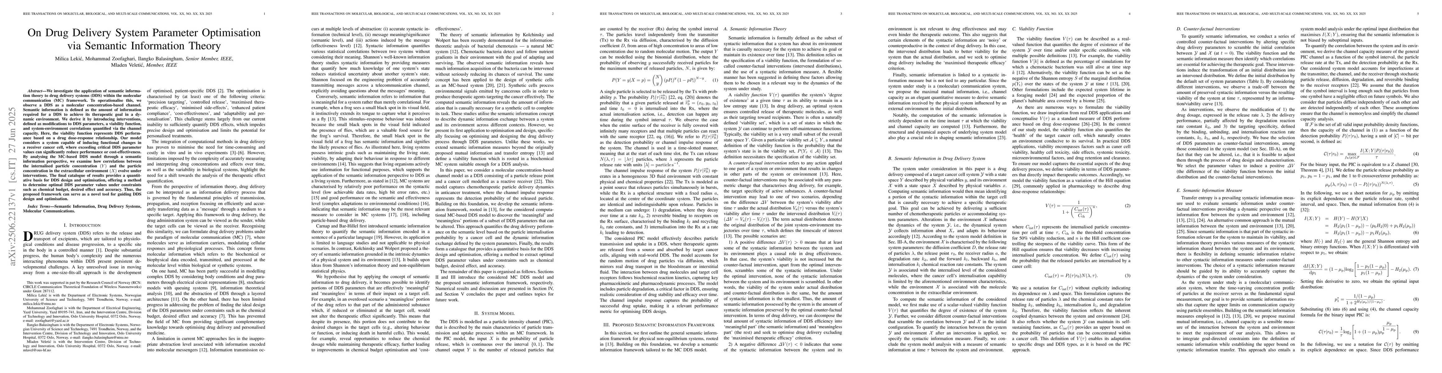 Thumbnail for On Drug Delivery System Parameter Optimisation via Semantic Information
  Theory