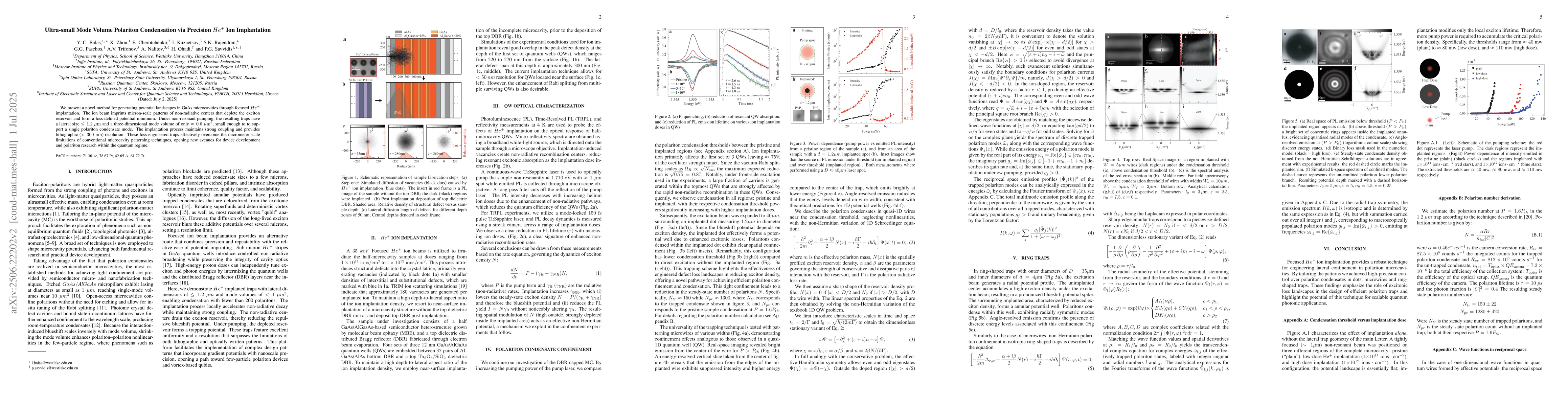Thumbnail for Ultra-small Mode Volume Polariton Condensation via Precision $He^+$ Ion
  Implantation
