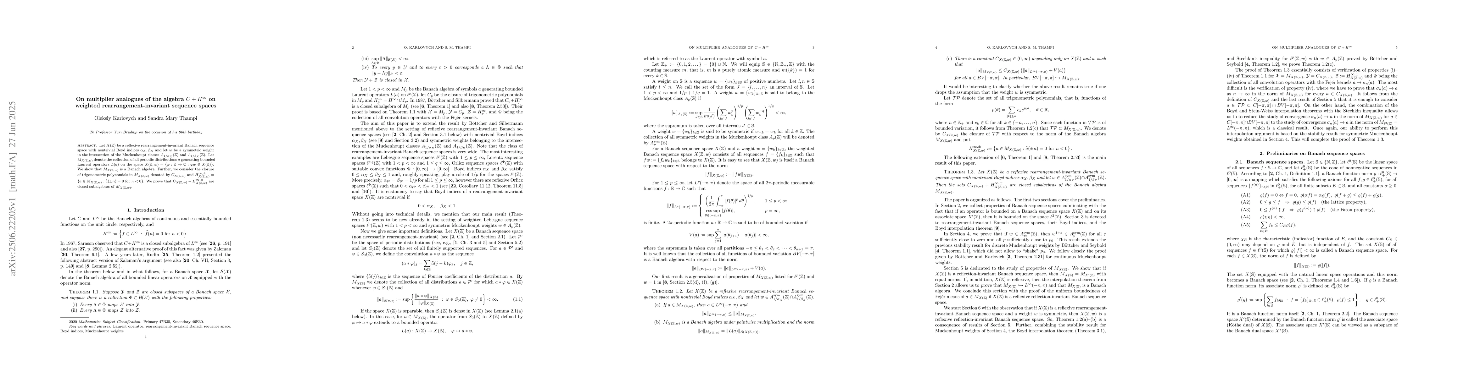 Thumbnail for On multiplier analogues of the algebra $C+H^\infty$ on weighted
  rearrangement-invariant sequence spaces