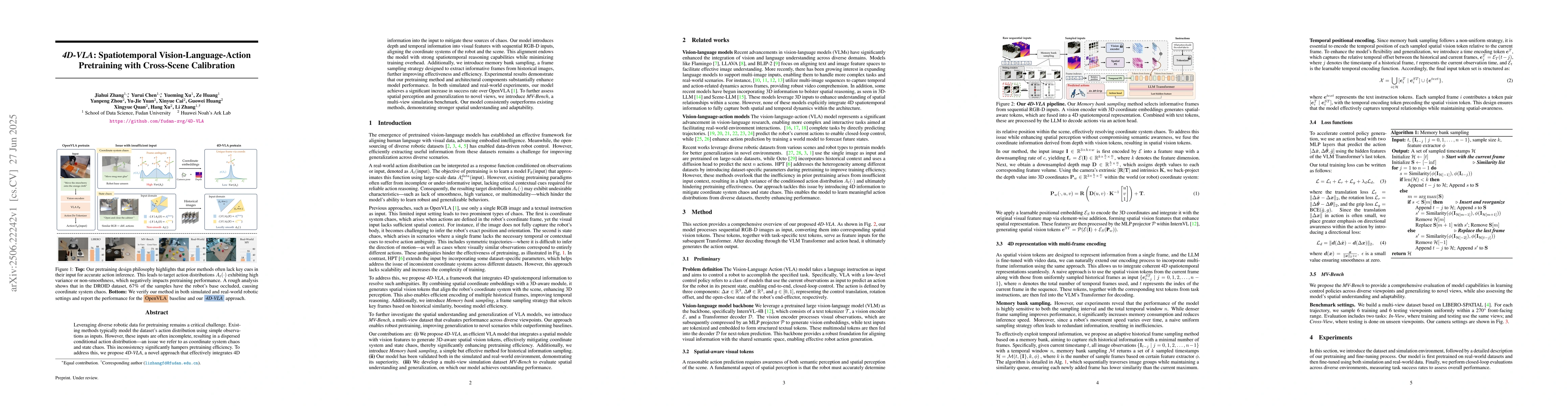 Thumbnail for 4D-VLA: Spatiotemporal Vision-Language-Action Pretraining with
  Cross-Scene Calibration