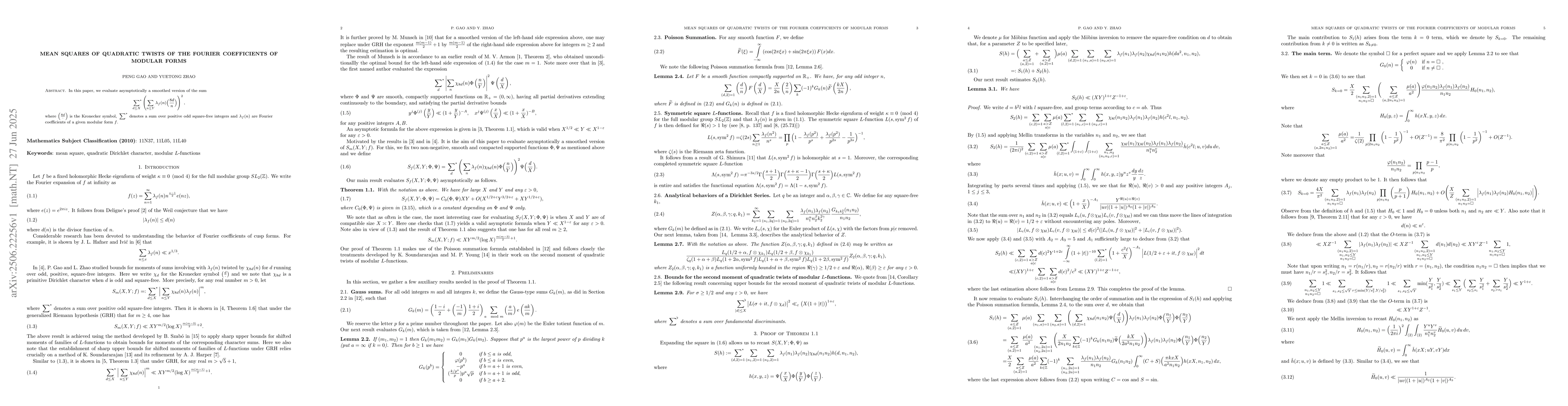 Thumbnail for Mean squares of quadratic twists of the Fourier coefficients of modular
  forms