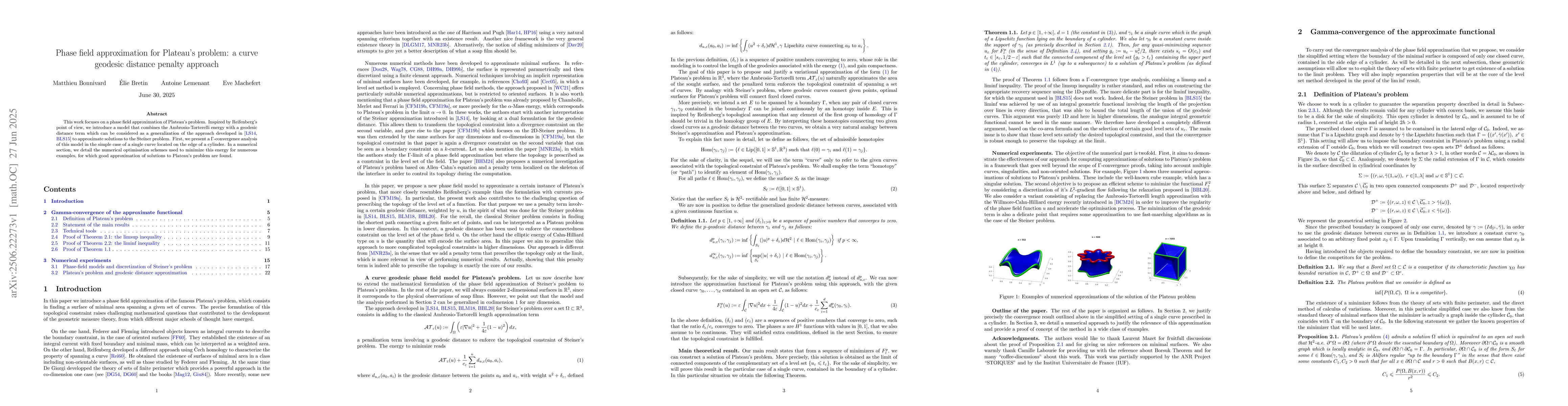 Thumbnail for Phase field approximation for Plateau's problem: a curve geodesic
  distance penalty approach