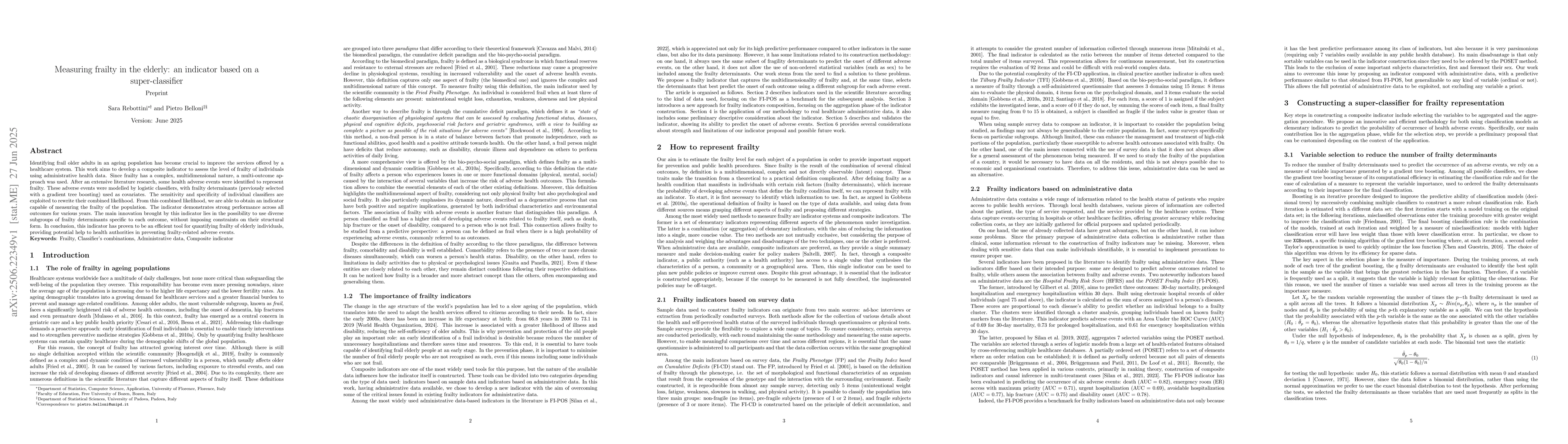 Thumbnail for Measuring frailty in the elderly: an indicator based on a
  super-classifier