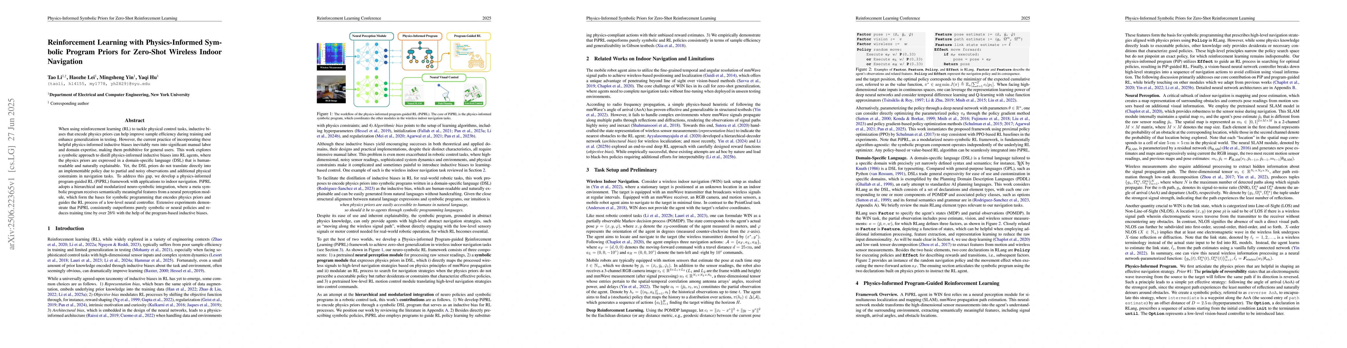 Thumbnail for Reinforcement Learning with Physics-Informed Symbolic Program Priors for
  Zero-Shot Wireless Indoor Navigation