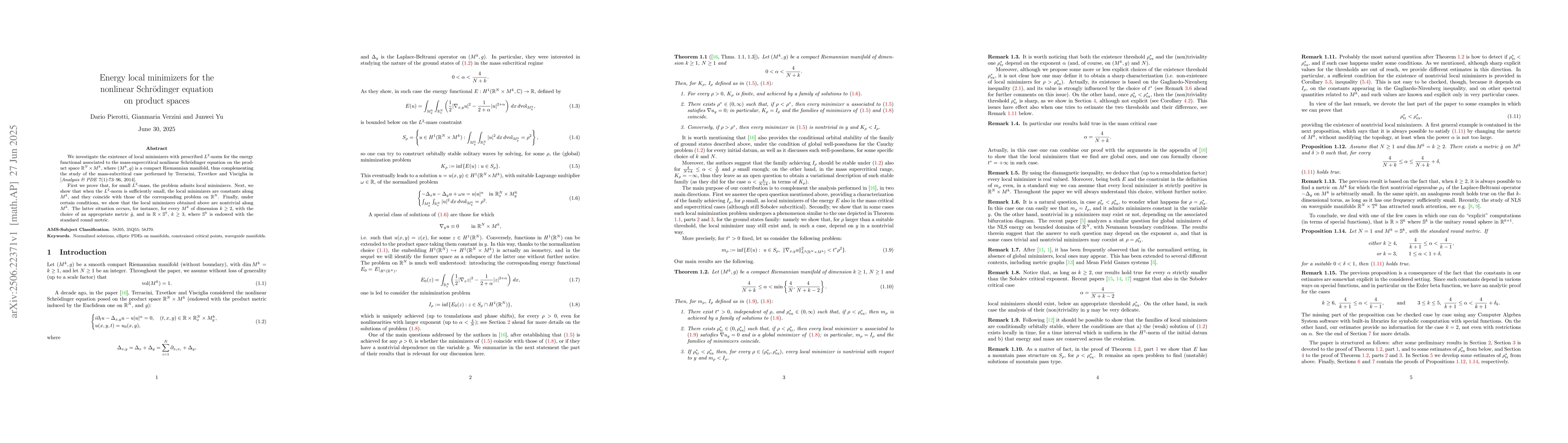 Thumbnail for Energy local minimizers for the nonlinear Schrödinger equation on
  product spaces